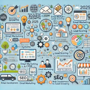 Infographic illustrating strategies for business growth in 2025, including CRM integration, email marketing, lead scoring, SEO, web development, and sales conversion